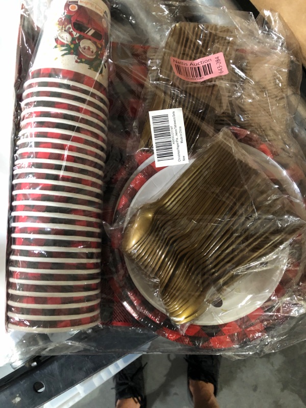 Photo 2 of **STOCK PHOTO FOR REFERENCE ONLY** 
Christmas Dinnerware Set, Gatherfun Red and Black Golden Christmas Tree Disposable Paper Plates Napkins Cups plastic Tablecloth for Merry Christmas Party Decorations Serve 25