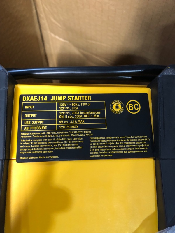 Photo 4 of DEWALT DXAEJ14 Digital Portable Power Station Jump Starter: 1400 Peak/700 Instant Amps, 120 PSI Digital Air Compressor, 3.1A USB Ports, Battery Clamps , Yellow