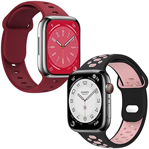 Photo 1 of 2 Pack Sport Bands Compatible with Apple Watch Band Series 8 7 6 5 4 3 2 1 SE 38mm 40mm 41mm 42mm 44mm 45mm Women Men, One Pure Color Band+One Double Color Band, Both Soft Breathable Straps for iWatch Bands Red + Black/Red 42/44/45mm