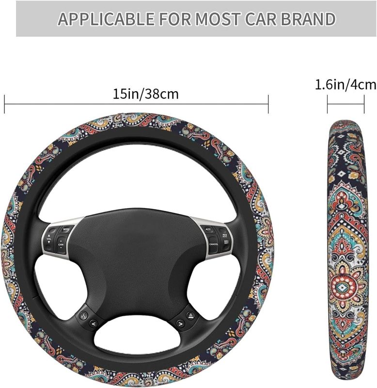 Photo 1 of Black Boho Car Steering Wheel Cover for Men Bohemian Style Car Accessories Universal 15 inch Romantic Crescent Moon Beautiful Face one size Black Boho