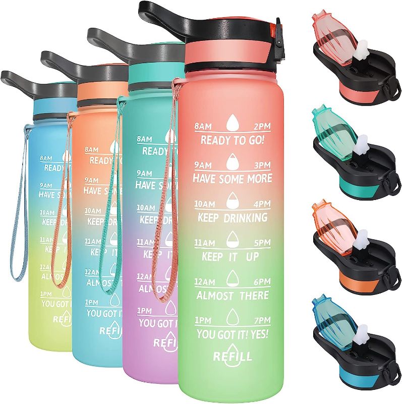 Photo 1 of  Motivational Water Bottle 32 oz with Straw & Time Marker, PURPLE, BLUE,PINK