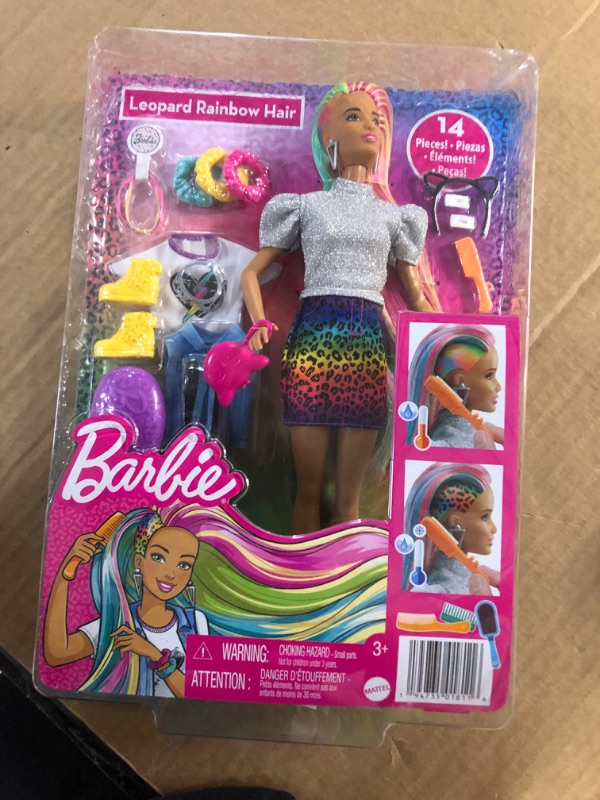 Photo 3 of Barbie Leopard Rainbow Hair Doll (Brunette) with Color-Change Hair Feature, 16 Hair & Fashion Play Accessories