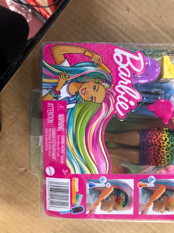 Photo 2 of Barbie Leopard Rainbow Hair Doll (Brunette) with Color-Change Hair Feature, 16 Hair & Fashion Play Accessories