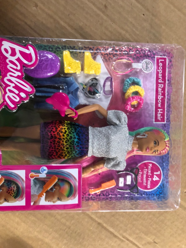 Photo 4 of Barbie Leopard Rainbow Hair Doll (Brunette) with Color-Change Hair Feature, 16 Hair & Fashion Play Accessories