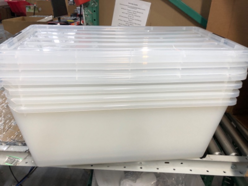 Photo 3 of **Damaged**IRIS USA 91 Qt. Plastic Storage Container Bin with Secure Lid and Latching Buckles, 4 pack - Clear, Durable Stackable Nestable Organizing Tote Tub Box Toy General Organization Garage Extra Large Clear 91 Qt. - 4 Pack