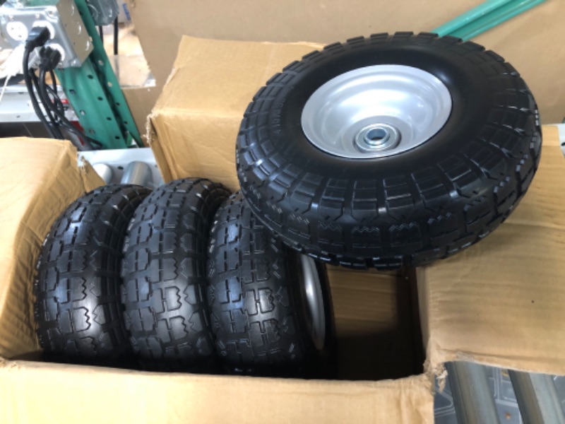 Photo 2 of 4 Pcs 10" Flat Free Tires Solid Non-inflated Tires Wheels, 4.10/3.50-4 Tire with 5/8 Ball Bearings, 2.24" Offset Hub for Wheelbarrow, Garden Wagon Carts, Trolley, Hand Truck, Various Tool Carts 4Pcs 10In 4.10/3.50-4