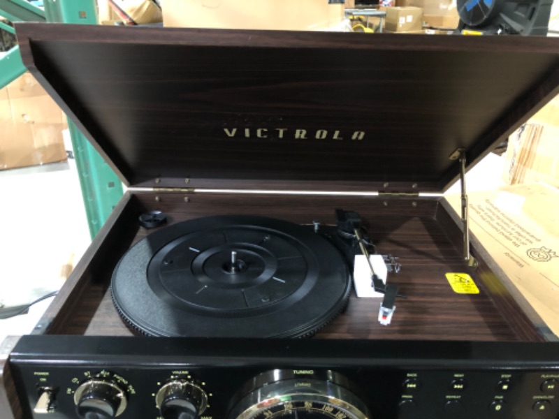 Photo 6 of Victrola Empire Mid-Century 6-in-1 Turntable with 3 Speed Record Player, Bluetooth Connectivity, Radio, Cassette and CD Player (Espresso) Espresso Record Player