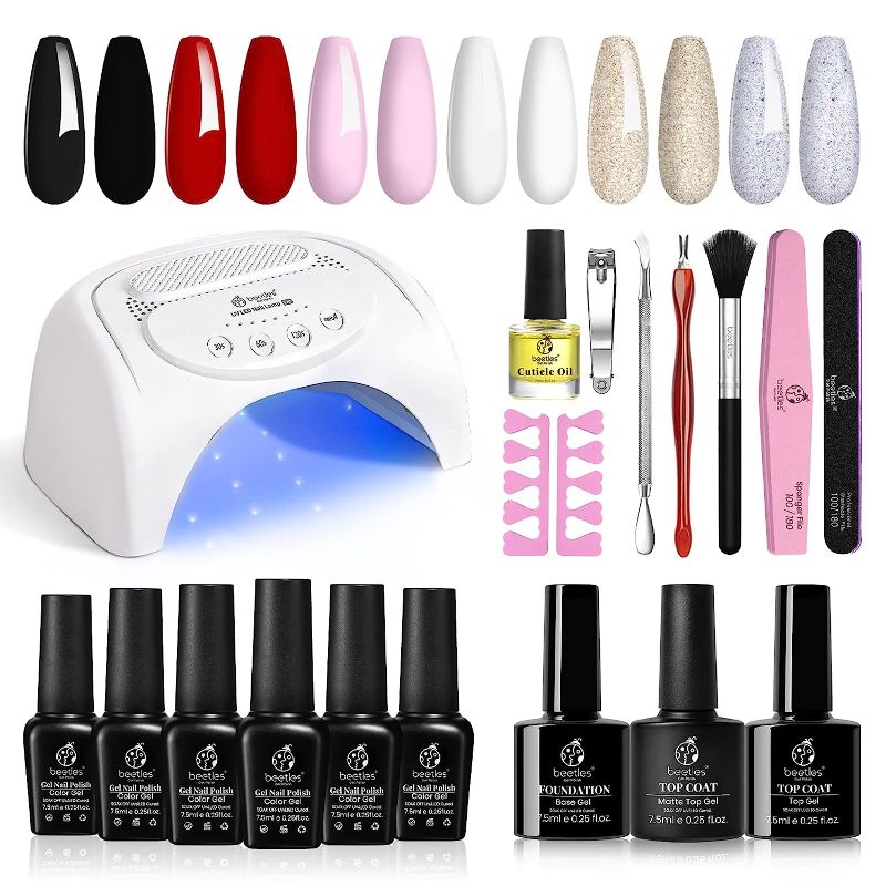 Photo 1 of *SEE NOTES* Beetles Gel Nail Polish Kit with U V Light Starter Kit, Black Red White Gel Polish Set with 48W U V LED Nail Lamp, Base Gel Top Coat Glitter Gel Nail Kits Home DIY Manicure