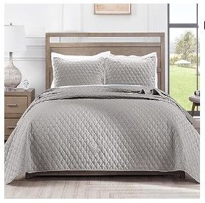 Photo 1 of **STOCK PHOTO FOR REFERENCE ONLY** 
3 Piece Bedspread Queen Size, Bed Cover Set with 2 Shams, LIGHT GRAY (90"x92")