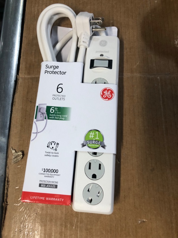 Photo 4 of GE 6-Outlet Surge Protector, 6 Ft Extension Cord, Power Strip, 800 Joules, Flat Plug, Twist-to-Close Safety Covers, Protected Indicator Light, UL Listed, White, 67051 White 6 ft 1 Pack