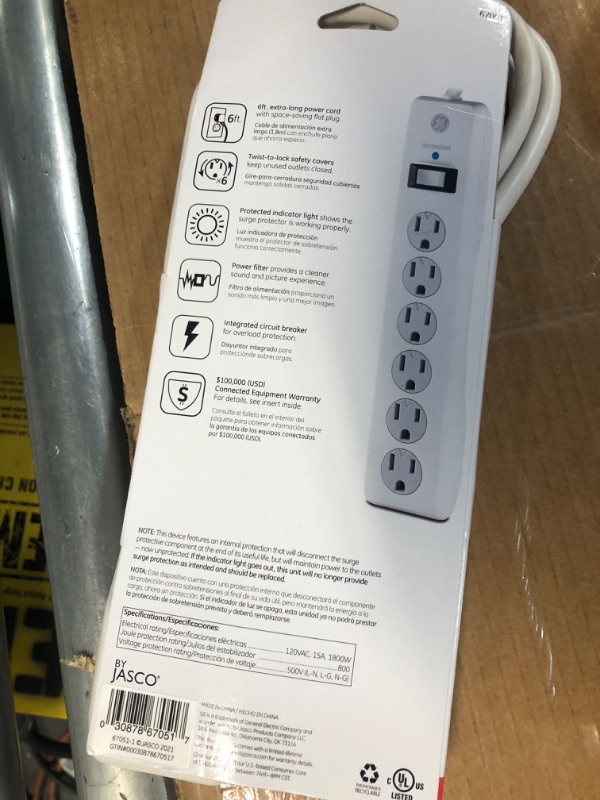 Photo 3 of GE 6-Outlet Surge Protector, 6 Ft Extension Cord, Power Strip, 800 Joules, Flat Plug, Twist-to-Close Safety Covers, Protected Indicator Light, UL Listed, White, 67051 White 6 ft 1 Pack