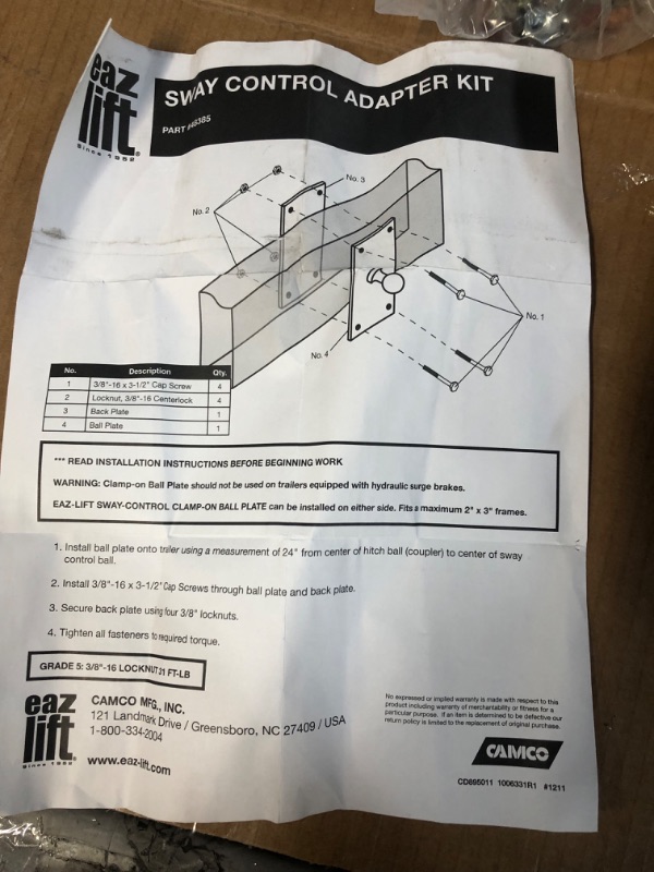 Photo 4 of USED/ SEE NOTES******Camco EAZ-Lift Sway Control Adapter | Features a Heavy-Duty Powder-Coated Steel Construction, a Bolt Design, and Fits 2-Inch by 3-Inch A-Frame Trailers (48385) Sway Control Adapter Parts/Accessories