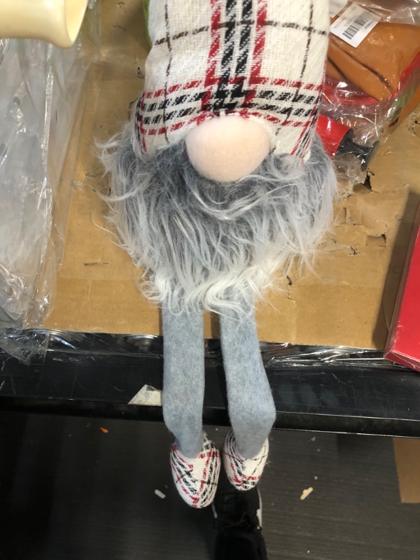 Photo 2 of Gnome Christmas Decorations,Plush Plaid Tomte with Long Dangling Legs,Holiday Stuffed Doll Gifts to Kids & Women 16 in Gray Wool