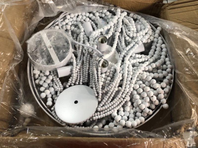 Photo 1 of [USED] Boho Pendant Light, 6-Lights Wood Beaded Farmhouse Chandelier 18.5" White A-white