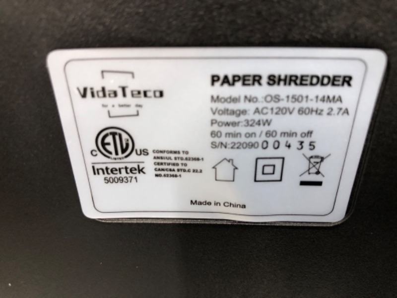 Photo 5 of DOES NOT WORK. SOLD FOR PARTS ONLY
*APPEARS NEW* Paper Shredder, VidaTeco 14-Sheet 60-Mins Micro Cut Shredder with US Patented Blade