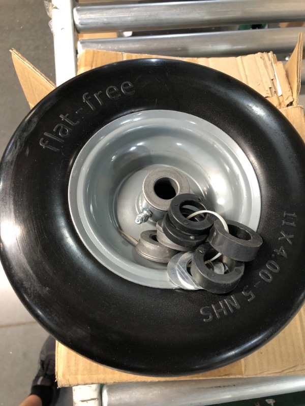 Photo 1 of *APPEARS NEW* 2 PCS 11x4.00-5" Flat Free Lawn Mower Tire on Wheel, 3/4" or 5/8" Bushing, 3.4"-4"-4.5 -5" Centered Hub, Universal Fit Smooth Tread Tire for Zero Turn Lawn Mowers, with Universal Adapter Kit