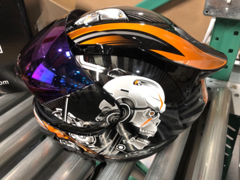 Photo 4 of 1Storm Motorcycle Bike Full Face Helmet Mechanic Skull: HJDJ11 Z Bluetooth Skull Orange Large