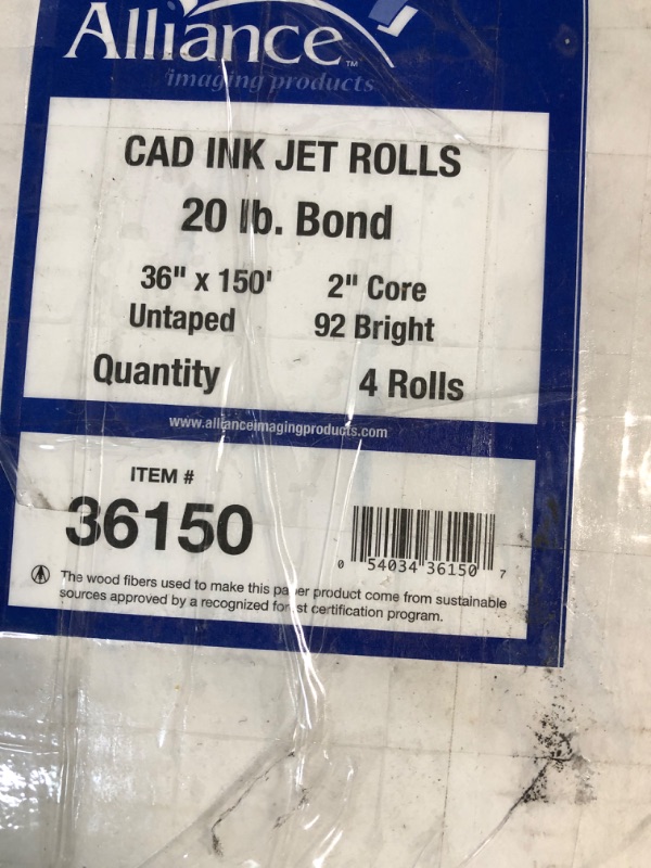 Photo 4 of **NEW**Alliance Wide Format Paper CAD Bond Rolls (20lb | 4 Rolls, 36 In x 150 Ft | 2" Core) 20lb | 4 Rolls 36 In x 150 Ft | 2" Core