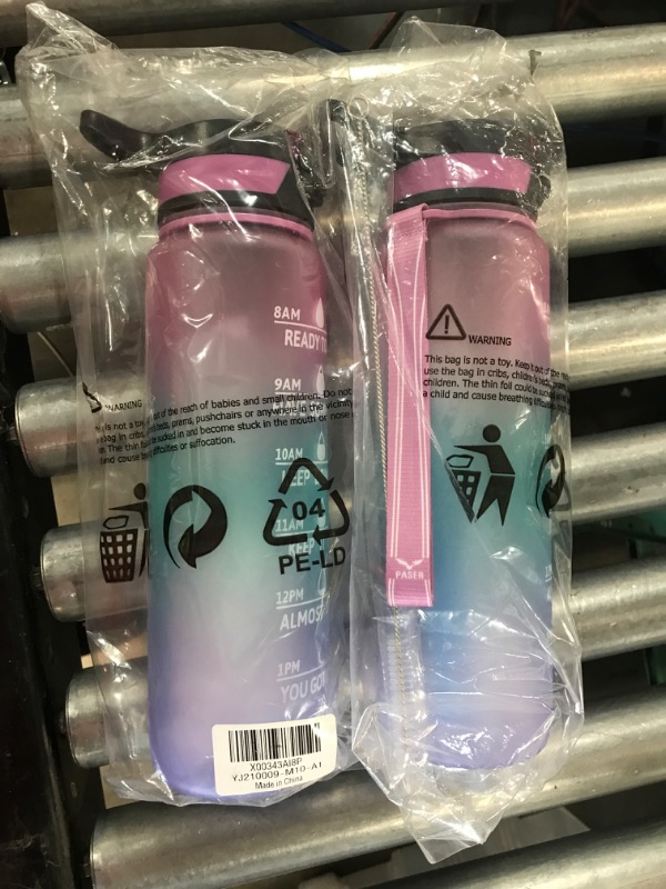 Photo 2 of (2 Pack) PASER Motivational Water Bottle 32 oz with Straw & Time Marker (with Bottle Brush and Straw Brush) Pink/Purple Gradient