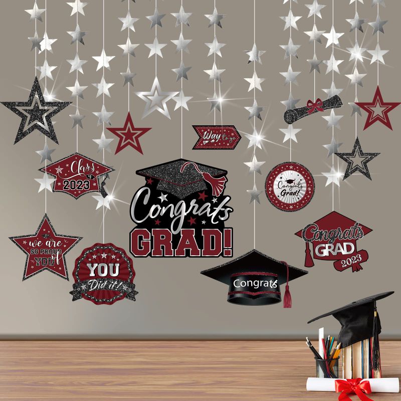 Photo 1 of 14 Pack Graduation Garland Class of 2023 Graduation Decoration Diploma Hat Star Congrats Garland  (Maroon)