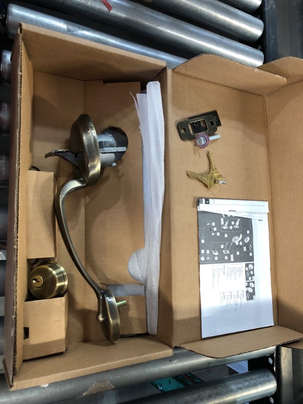 Photo 2 of *Missing Pieces* SCHLAGE F62 PLY 609 GEO Plymouth Double Cylinder Handleset with Georgian Interior Right Handed Knob, Antique Brass