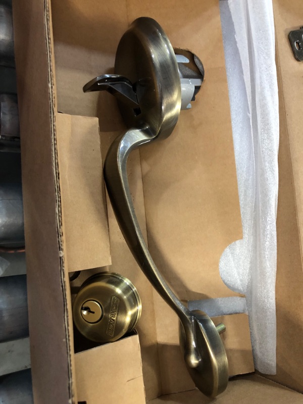 Photo 3 of *Missing Pieces* SCHLAGE F62 PLY 609 GEO Plymouth Double Cylinder Handleset with Georgian Interior Right Handed Knob, Antique Brass