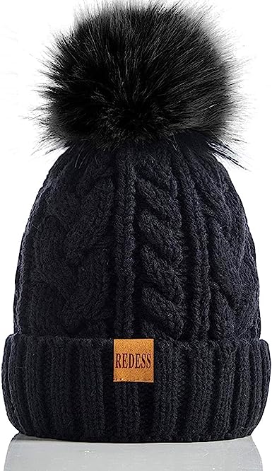 Photo 1 of REDESS Women Winter Pompom Beanie Hat with Warm Fleece Lined, Thick Slouchy Snow Knit Skull Ski Cap Black