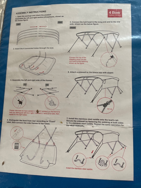 Photo 5 of MSC 3 Bow 4 Bow Bimini Top Boat Cover with Rear Support Pole and Storage Boot (Pacific Blue, 3 Bow 6'L x 46" H x 61"-66" W)
