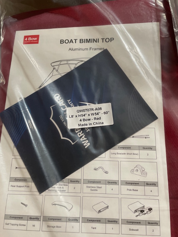 Photo 2 of **MISSING HARDWARE** KAKIT 3 4 Bow Bimini Tops with Mesh Sidewalls Support Poles for Boats Durable Marine Grade Canvas Top Includdes 2 Straps Storage Boot 1 Inch Aluminum Frame burgundy 4 Bow 6'L x 54" H x 54"-60" W