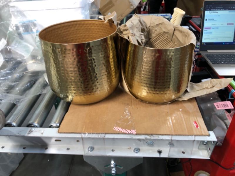 Photo 2 of ***missing stands **** CosmoLiving by Cosmopolitan Metal Round Planter with Removable Stand, Set of 2 17", 19"H, Gold 19", 17" Gold