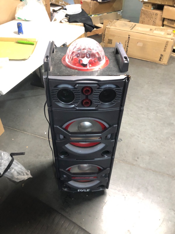 Photo 2 of Pyle Portable Bluetooth PA Speaker System - 2000W Active powered Outdoor Bluetooth Speaker Portable PA System w/ Microphone In, Party Lights, USB SD Card Reader, AUX/RCA/FM Radio, Wheels - PSUFM1043BT