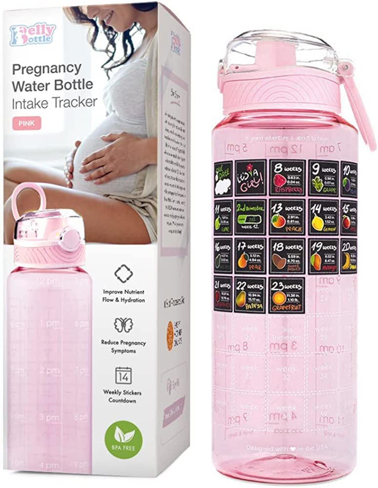 Photo 1 of BellyBottle Pregnancy Water Bottle Intake Tracker with Weekly Milestone Stickers (BPA-Free) Pregnancy Must Haves Gifts for First Time Moms Essentials - Pink