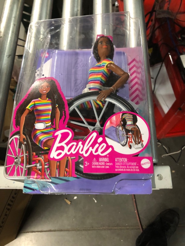 Photo 2 of Barbie Fashionistas Doll #166 with Wheelchair & Crimped Brunette Hair Wearing Rainbow-
