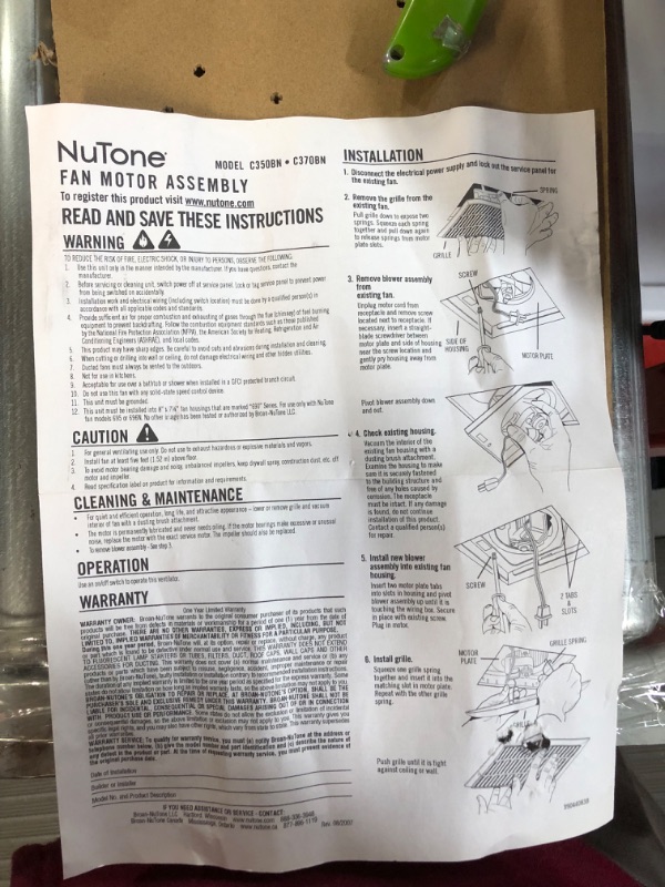 Photo 6 of **USED SEE NOTES** Broan-NuTone C350BN Replacement Motor/Wheel