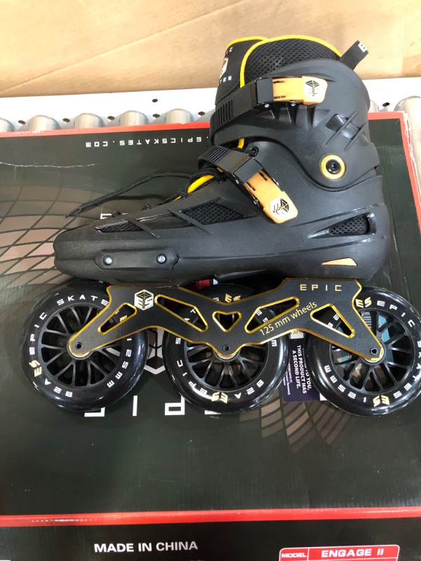 Photo 2 of **USED SEE NOTES** Epic Skates 125mm Engage 3-Wheel Inline Speed Skates Black/Gold EU 44/US 12