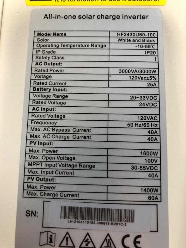 Photo 4 of (White) 3000W Solar Inverter Pure Sine Wave 24V 120V, Off-Grid Power Inverter Built-in 60A MPPT Charger+40A AC Charger, Support Utility/Generator/Solar Charge 3000W 24V