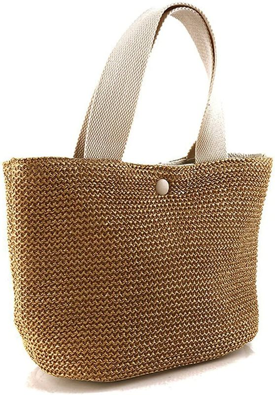 Photo 1 of 1 Piece Summer Beach Rattan Bag Handwoven Shoulder Bags with Wide Shoulder Strap Women Straw Woven Tote (White Handle)