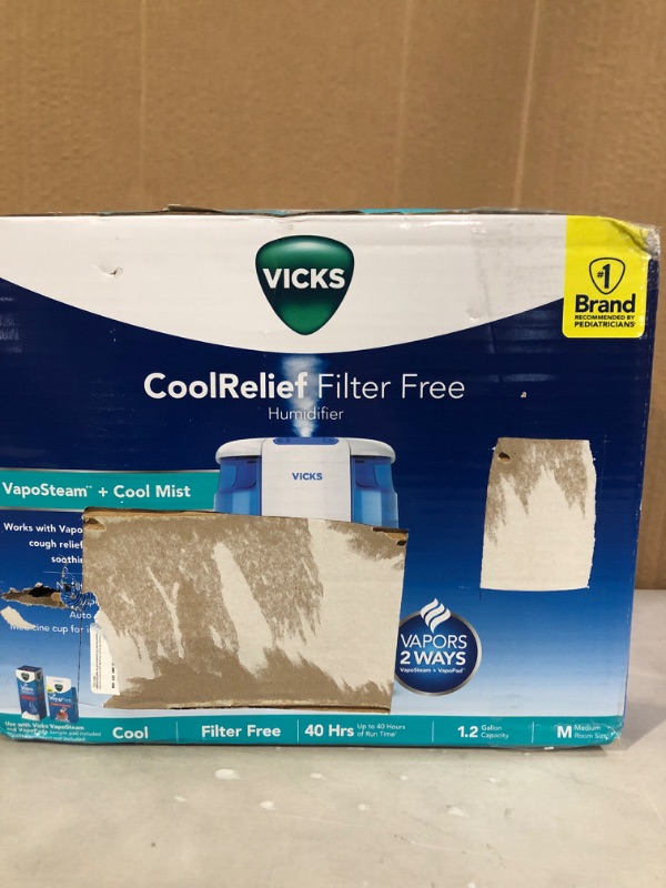 Photo 2 of * Used * Vicks Filter-Free CoolRelief Cool Mist Humidifier, Medium Room, 1.2 Gallon Tank – Visible, Medicated Ultrasonic Humidifier for Baby, Kids and Adults, Works With Vicks VapoPads and Vicks VapoSteam