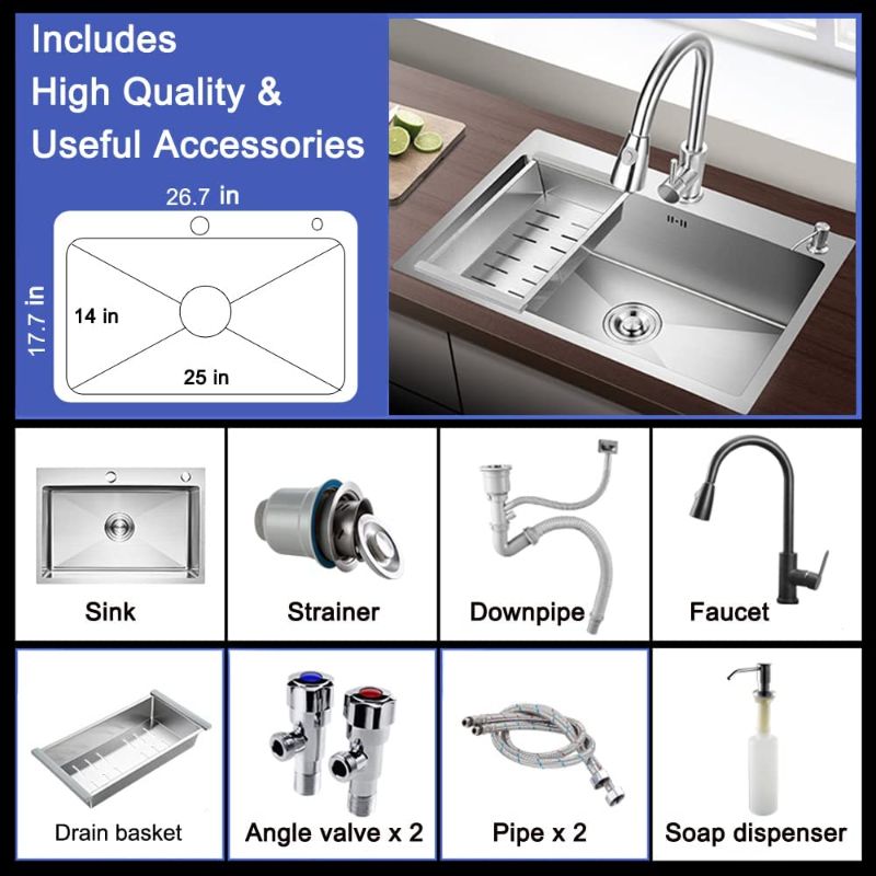 Photo 3 of 25" Drop-In or Undermount Single Bowl Kitchen Sink / Bar Sink with Pull-Down Faucet, Soap Dispenser, Drain Basket, Made of Stainless Steel (Steel)