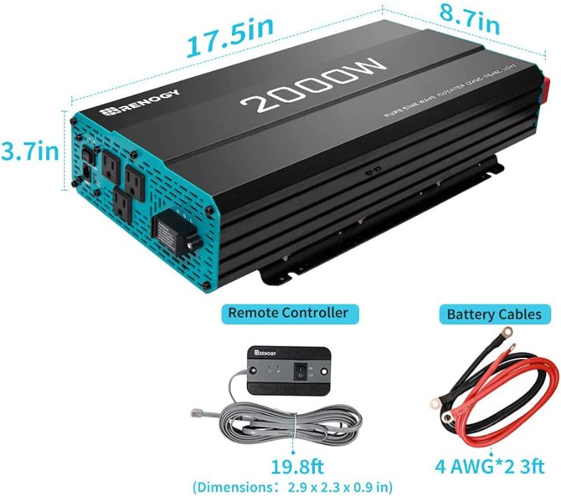 Photo 1 of Renogy Pure Sine Wave Inverter 2000w Power Inverter DC 12v to AC 110v, Solar Inverter 12v to 110v Converter with 5V/2.1A USB Port, 3 AC Ports, Remote Controller