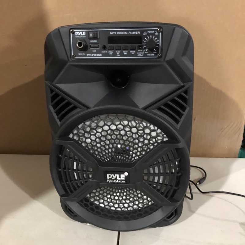 Photo 2 of Portable Bluetooth PA Speaker System - 300W Rechargeable Indoor/Outdoor Bluetooth Portable PA System w/ 8” Subwoofer 1” Tweeter, Microphone In, Party Lights, MP3/USB, Radio, Remote - Pyle PPHP836B