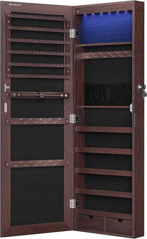 Photo 1 of **BRAND NEW** SONGMICS Hanging Jewelry Cabinet, Wall-Mounted Cabinet with LED Interior Lights Brown UJJC99BR
