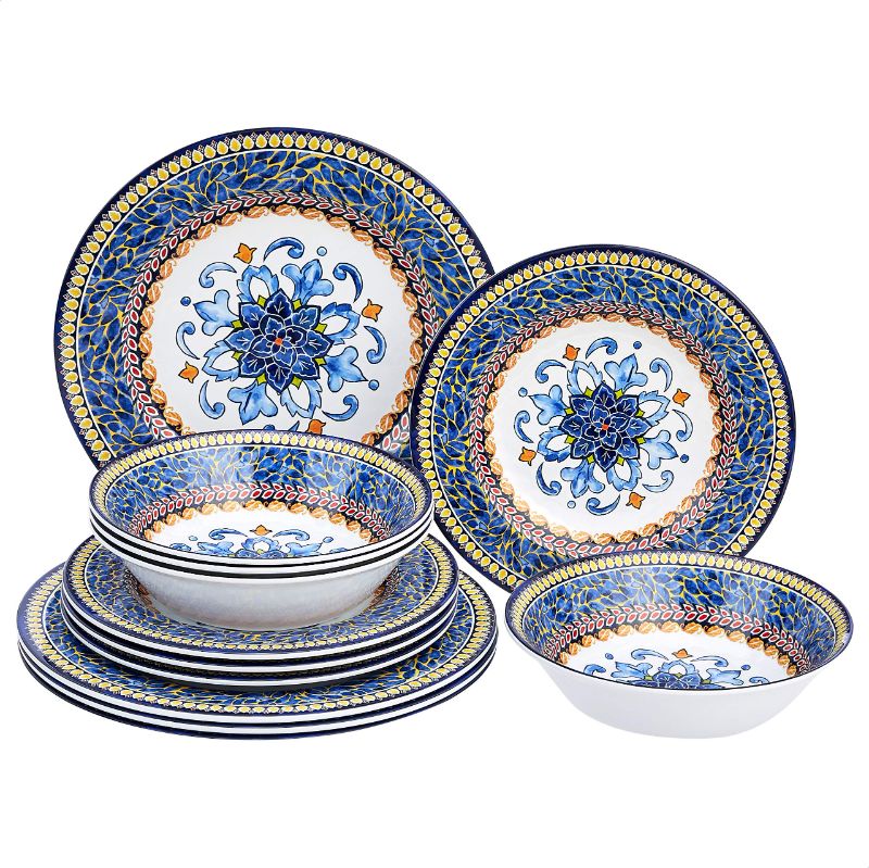 Photo 1 of Amazon Basics Melamine Dinnerware Set, Service for 4, Tuscan - Set of 12 Tuscan Dinnerware Set