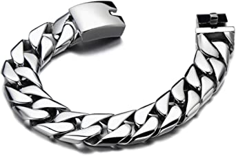 Photo 1 of COOLSTEELANDBEYOND 17MM Wide Stainless Steel Men’s Flat Curb Chain Bracelet Silver Color High Polished
