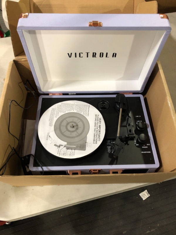 Photo 2 of Victrola Vintage 3-Speed Bluetooth Portable Suitcase Record Player with Built-in Speakers | Upgraded Turntable Audio Sound | Lavender (VSC-550BT-LVG) Lavender/Silver Record Player