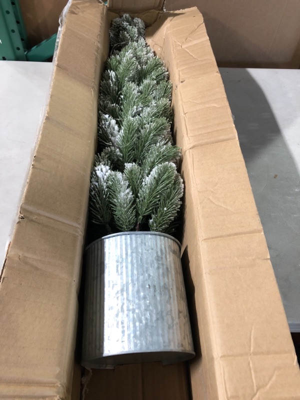 Photo 2 of 3ft. Flocked Christmas Artificial Pine Tree in Tin Planter