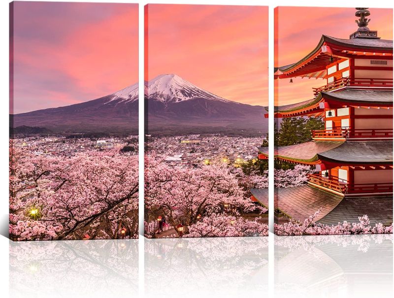 Photo 1 of 3 Panels Landscape Wall Decor Japan Chureito Pagoda And Mt. Fuji In The Spring With Cherry Blossoms Scenery Painting Framed Wall Art For Living Room Ready To Hang