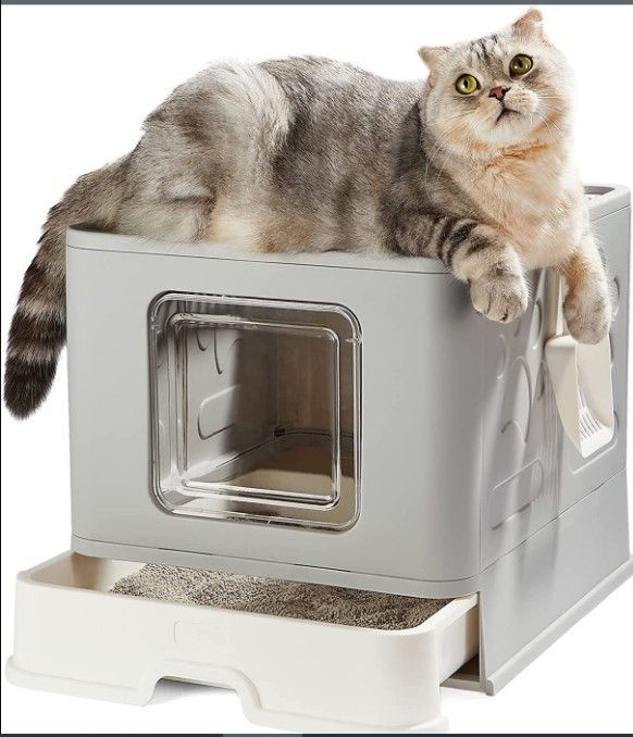 Photo 1 of **STOCK PHOTO AS REF ONLY* Foldable Cat Litter Box Plastic Door, WHITE & GREY
