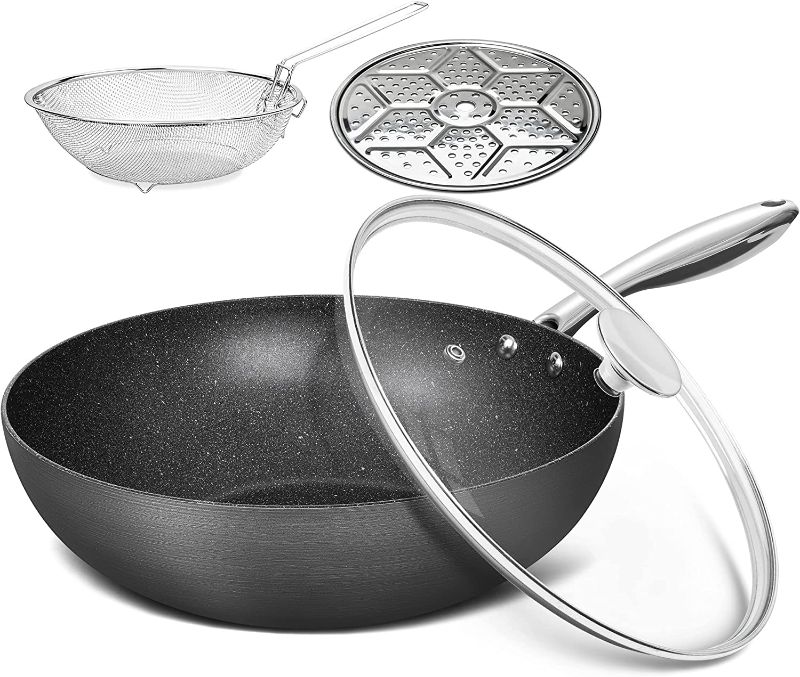 Photo 1 of *PAN IS GREY** MICHELANGELO Nonstick Wok with Lid, Hard Anodized Wok Pan, Induction Wok 12 Inch, Large Wok Pan with Flat Bottom, Cooking Wok with Steamer Rack & Fry Basket - 5 Quart