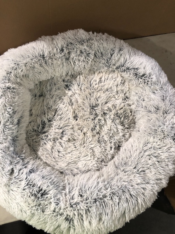 Photo 2 of Calming Dog Bed & Cat Bed, Anti-Anxiety Donut Dog Cuddler Bed, Warming Cozy Soft Dog Round Bed, Fluffy Faux Fur Plush Dog Cat Cushion Bed for Small Medium Dogs and Cats (20"/24"/27"/30") 20" Light Grey